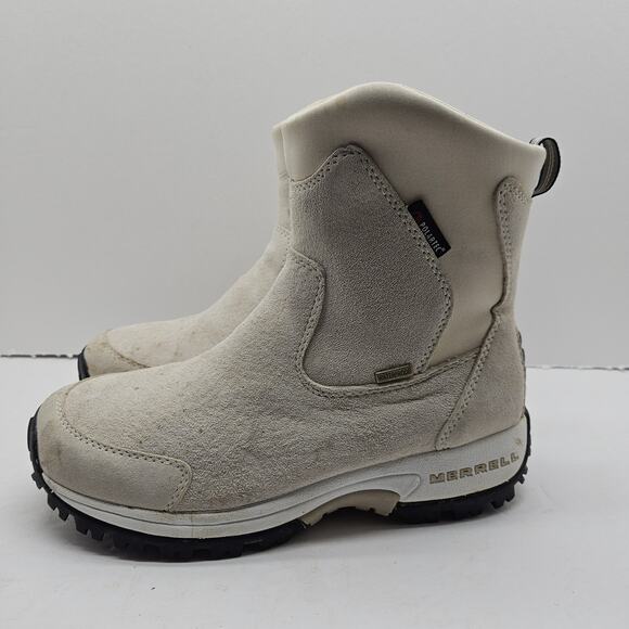 Merrell Women Tundra Waterproof Polartec 8 White Suede Pull on Ankle Boot - Picture 1 of 9